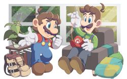Rule 34 | 2boys, :d, antenna hair, arm up, armchair, backpack, bag, blue eyes, blue pants, book, brothers, brown bag, brown footwear, brown hair, chair, closed mouth, facial hair, full body, gloves, green shirt, hat, hoshikuzu pan, indoors, long sleeves, luigi, male focus, mario, mario (series), multiple boys, mustache, needle, nintendo, open mouth, overalls, pants, pillow, plant, potted plant, red headwear, red shirt, sewing, sewing needle, shirt, shoes, short hair, siblings, sitting, smile, standing, table, tree, unworn backpack, unworn bag, unworn hat, unworn headwear, white gloves, window