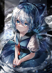 1girl absurdres blue_bow blue_dress blue_eyes blue_hair blue_nails bow cirno closed_mouth collared_shirt dress fairy fingernails hair_between_eyes hair_bow highres ice ice_wings nail_polish puffy_short_sleeves puffy_sleeves shirt short_hair short_sleeves solo tears touhou white_shirt wings yukia_(yukia_777)