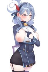 Rule 34 | 1girl, ako (blue archive), bell, black thighhighs, blue archive, blue eyes, blue hair, blush, breasts, breasts out, buttons, clipboard, cowboy shot, double-breasted, dress, framed breasts, garter straps, hair behind ear, half-closed eyes, halo, highres, large breasts, long hair, looking away, neck bell, nipples, pencil skirt, puckered lips, short dress, skirt, solo, thighhighs, tight clothes, tight dress, utani (punishment), white background, zettai ryouiki