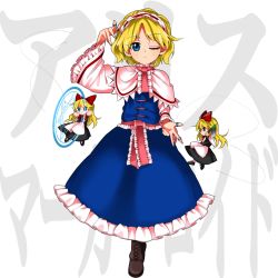 Rule 34 | 1girl, alice margatroid, apron, black dress, black footwear, blonde hair, blue dress, blue eyes, boots, bow, bowtie, brown footwear, capelet, closed mouth, commentary request, cross-laced footwear, doll, dress, eyelashes, frilled capelet, frilled dress, frilled hairband, frilled sash, frilled sleeves, frills, hair bow, hairband, harukawa moe (style), highres, hourai doll, jewelry, keiki8296, long hair, long sleeves, magic circle, mary janes, one eye closed, pink sash, puppet, puppet rings, puppet strings, red bow, red bowtie, red hairband, ring, sash, shanghai doll, shirt, shoes, short hair, touhou, very long hair, waist apron, white apron, white capelet, white shirt, wide sleeves