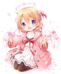 Rule 34 | 1girl, :d, blush, bow, brown hair, brown pantyhose, commentary request, dress, feathered wings, flower, full body, gochuumon wa usagi desu ka?, hair between eyes, hair flower, hair ornament, halo, hood, hood down, hooded jacket, hoto cocoa, jacket, long sleeves, looking at viewer, nanase miori, one side up, open clothes, open jacket, open mouth, pantyhose, petals, pink flower, pink jacket, pleated dress, purple eyes, purple flower, red bow, sailor collar, sailor dress, sleeves past wrists, smile, solo, white background, white dress, white sailor collar, white wings, wide sleeves, wings