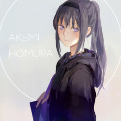 Rule 34 | 10s, 1girl, achyue, akemi homura, alternate costume, alternate hairstyle, backlighting, bag, black hairband, casual, character name, contemporary, hairband, handbag, hood, hoodie, light particles, long hair, looking to the side, mahou shoujo madoka magica, mahou shoujo madoka magica (anime), ponytail, purple eyes, purple hair, simple background, solo, upper body, wavy mouth