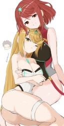 Rule 34 | ass, blonde hair, breasts, cleavage, highres, large breasts, long hair, mythra (radiant beach) (xenoblade), mythra (xenoblade), one-piece swimsuit, one eye closed, pyra (pro swimmer) (xenoblade), pyra (xenoblade), red eyes, red hair, rex (xenoblade), short hair, swimsuit, thighs, umotomochi, xenoblade chronicles (series), xenoblade chronicles 2, yellow eyes