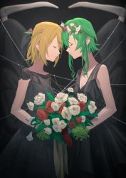 Rule 34 | 2girls, bare arms, bare shoulders, black background, black dress, black robe, blonde hair, bouquet, braid, commentary, cowboy shot, death (entity), dress, flower, flower wreath, forehead-to-forehead, french braid, green hair, grim reaper, gumi, heads together, highres, holding, holding bouquet, kagamine rin, lace dress, multiple girls, red flower, red rose, robe, rose, scythe, sidelocks, standing, vocaloid, white flower, white rose, wounds404, wreath, yuri