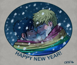 Rule 34 | 2boys, bad id, bad tumblr id, bara, black hair, blonde hair, blush, closed eyes, couple, cris art, flag around neck, from side, happy new year, hulkling, lgbt pride, long sideburns, male focus, marvel, multiple boys, new year, nose blush, noses touching, rainbow flag, short hair, sideburns, smile, snowing, thick eyebrows, wiccan, yaoi