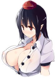 Rule 34 | 1girl, black hair, breasts, cleavage, covered erect nipples, female focus, hat, kamukamu (ars), large breasts, no bra, open clothes, pointy ears, red eyes, revision, shameimaru aya, simple background, solo, touhou, white background