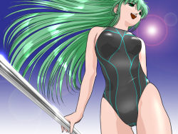 Rule 34 | 1girl, competition swimsuit, female focus, from below, green eyes, green hair, ikuta kaoru, long hair, matching hair/eyes, non-web source, one-piece swimsuit, pole, solo, swimsuit