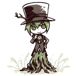 Rule 34 | 1other, androgynous, black hat, black jacket, branch, chibi, closed mouth, commentary request, dated commentary, full body, green eyes, green hair, hand on own hip, hand up, hat, jacket, long sleeves, looking at viewer, lowres, original, pendant watch, rakuni, roots, shirt, short hair, smile, solo, straight-on, top hat, white background, white shirt