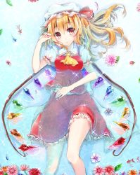 Rule 34 | 1girl, ascot, bad id, bad pixiv id, blonde hair, fish, flandre scarlet, flower, goldfish, hat, hat ribbon, mob cap, navy (navy.blue), partially submerged, puffy short sleeves, puffy sleeves, red eyes, ribbon, sash, shirt, short sleeves, side ponytail, skirt, skirt set, solo, touhou, vest, water, wings