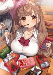 Rule 34 | 2girls, blush, breast rest, breasts, breasts on table, brown eyes, brown hair, cleavage, commentary request, food, grey skirt, hand on another&#039;s head, highres, jewelry, kodama (sakura yuki), large breasts, long hair, long sleeves, looking at viewer, mouth hold, multiple girls, necklace, original, plaid, plaid skirt, pocky, pocky day, sakura yuki (clochette), shirt, sitting, skirt, sweatdrop, table, white shirt