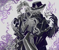 Rule 34 | 2boys, artist name, back-to-back, cloak, coat, commentary request, cowboy shot, dual persona, edmond dantes (fate), epaulettes, fate/grand order, fate (series), fedora, fingernails, fire, flaming eye, gloves, glowing, glowing eyes, greyscale, grin, hair over one eye, hand up, hat, highres, hisagi (joyclub), holding, holding clothes, holding hat, long hair, male focus, monochrome, multiple boys, neckerchief, pants, ponytail, purple eyes, purple fire, sharp fingernails, short hair, sideways mouth, signature, simple background, smile, spot color, the count of monte cristo (fate), translation request, twitter username, unworn hat, unworn headwear, wavy hair