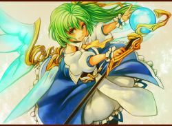 Rule 34 | 1girl, ascot, daiyousei, female focus, green eyes, green hair, letterboxed, light smile, long hair, looking at viewer, matching hair/eyes, sachito, side ponytail, smile, solo, staff, touhou, wings, wrist cuffs