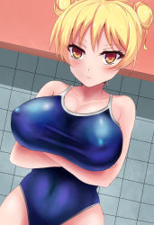Rule 34 | 10s, 1girl, :/, alternate hairstyle, bakuon!!, bare shoulders, blonde hair, blue one-piece swimsuit, blush, breast hold, breasts, competition school swimsuit, covered erect nipples, covered navel, cowboy shot, crossed arms, double bun, dutch angle, eyelashes, hair bun, hair up, large breasts, looking at viewer, navel, one-piece swimsuit, orange eyes, sayo ayato, school swimsuit, solo, suzunoki rin, swimsuit, taut clothes, taut swimsuit, tile wall, tiles, tsurime, yellow eyes