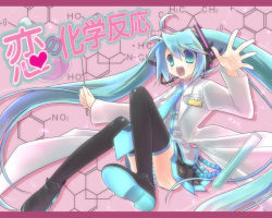 Rule 34 | bad id, bad pixiv id, blue eyes, blue hair, chemical structure, chemistry, hatsune miku, headset, koi no kagaku hannou (vocaloid), lab coat, long hair, necktie, open mouth, panties, pantyshot, science, skirt, striped clothes, striped panties, tahya, test tube, thighhighs, twintails, underwear, very long hair, vocaloid