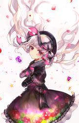 Rule 34 | 10s, 1girl, ace (playing card), ace of hearts, beret, black bow, black capelet, black dress, black gloves, black hat, blush, bow, capelet, card, closed mouth, commentary request, cookie, dress, elbow gloves, fate/extra, fate (series), floating hair, flower, food, food print, fur-trimmed capelet, fur trim, gloves, gothic lolita, hat, hat bow, heart, highres, juu ame, lolita fashion, long hair, mushroom print, nursery rhyme (fate), petals, pixiv fate/grand order contest 2, playing card, playing games, print dress, purple eyes, purple flower, silver hair, solo, striped, striped bow, very long hair