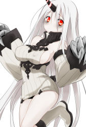 Rule 34 | 1girl, abyssal ship, alternate color, bags under eyes, bare shoulders, boots, breasts, claws, cosplay, detached sleeves, dress, ekra, covered erect nipples, horns, kantai collection, large breasts, long hair, looking at viewer, pale skin, red eyes, ribbed dress, ribbed shirt, seaport princess, shirt, short dress, sideboob, single horn, solo, white background, white hair