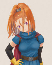 Rule 34 | 1girl, arinsu (kodamamaimai), barbara (dq6), belt, blue dress, breasts, cape, closed mouth, dragon quest, dragon quest vi, dress, earrings, gloves, high ponytail, highres, jewelry, long hair, looking at viewer, orange hair, ponytail, purple eyes, simple background, smile, solo, yellow gloves