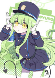 Rule 34 | 1girl, :&lt;, belt, black belt, black hat, black jacket, black skirt, black tail, blue archive, blush, closed mouth, demon tail, gloves, green hair, green halo, halo, hanauna, hat, highres, hikari (blue archive), jacket, long hair, long sleeves, looking at viewer, pantyhose, peaked cap, pleated skirt, pointy ears, signature, skirt, solo, tail, white gloves, yellow eyes
