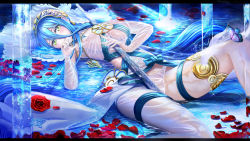 Rule 34 | aqua hair, azura (fire emblem), blush, breasts, bug, butterfly, dress, elbow gloves, fire emblem, fire emblem fates, fire emblem heroes, gloves, green eyes, hair between eyes, highres, insect, letterboxed, long hair, looking at viewer, lying, medium breasts, nintendo, on back, open mouth, panties, partially submerged, petals, ribbon, sash, see-through, single thighhigh, solo, straight hair, thigh strap, thighhighs, tongari, underwear, veil, water, wet, wet clothes, white dress, white gloves, white panties, white thighhighs