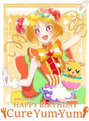 Rule 34 | 1girl, apron, back bow, blonde hair, bow, brooch, bun cover, character name, cure yum-yum, dated, delicious party precure, double bun, dress, earrings, gloves, hair bun, hanamichi ran, heart, heart brooch, huge bow, jewelry, long hair, looking at viewer, magical girl, mem-mem (precure), open mouth, orange dress, precure, red eyes, smile, tanshi tanshi, triple bun, twitter username, white gloves, white stripes