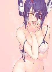Rule 34 | 10s, 1girl, bare shoulders, bikini, blush, bottomless, breasts, collarbone, covered erect nipples, cum, cum in mouth, eyepatch, facial, finger in own mouth, groin, hair between eyes, headgear, heart, heart-shaped pupils, kantai collection, large breasts, looking at viewer, navel, nipples, open mouth, oral invitation, orange eyes, out-of-frame censoring, pink background, purple hair, see-through, short hair, simple background, solo, strap slip, swimsuit, symbol-shaped pupils, tenryuu (kancolle), white bikini, yuuji (and)