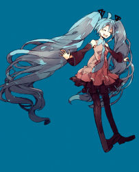 Rule 34 | 1girl, aqua hair, detached sleeves, dress, closed eyes, hatsune miku, long hair, necktie, outstretched arms, pantyhose, reichi (picorere), solo, spread arms, twintails, very long hair, vocaloid