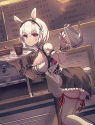 Rule 34 | 1girl, absurdres, animal ears, apron, azur lane, black dress, blush, breasts, cake, choker, coffee, collarbone, dress, food, frilled apron, frilled choker, frilled dress, frills, hair between eyes, hairband, highres, lace-trimmed hairband, lace trim, large breasts, looking at viewer, maid, maid apron, maid headdress, puffy sleeves, rabbit girl, rabbit tail, red eyes, seemu (wnslqjdignv ), short hair, short sleeves, sirius (azur lane), solo, tail, thighhighs, tray, waitress, white apron, white dress, white frills, white hair, white thighhighs