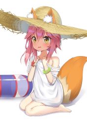 Rule 34 | 10s, 1girl, :d, aged down, animal ears, bangle, barefoot, blush, bracelet, commentary request, ears through headwear, fate/extra, fate (series), fox ears, fox tail, full body, hair between eyes, hands on own chest, hat, highres, innertube, jewelry, kneeling, knees together feet apart, looking at viewer, off shoulder, open mouth, pink hair, shirt, short hair, short sleeves, sidelocks, simple background, smile, solo, star (symbol), straw hat, swim ring, tail, tamamo (fate), tamamo no mae (fate/extra), tamamo no mae (swimsuit lancer) (fate), tamamo no mae (swimsuit lancer) (first ascension) (fate), wavy mouth, white background, white shirt, yellow eyes, yukarite