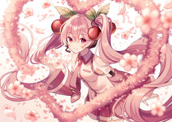 Rule 34 | 1girl, amagi hana, blush, cherry, cherry blossoms, cherry hair ornament, collar, detached sleeves, food, food-themed hair ornament, frilled collar, frills, fruit, hair ornament, hatsune miku, highres, long hair, looking at viewer, necktie, number tattoo, pink eyes, pink footwear, pink hair, pink necktie, pink skirt, pink sleeves, pleated skirt, sakura miku, skirt, smile, solo, standing, tattoo, very long hair, vocaloid