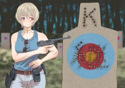 Rule 34 | 1girl, belt, blue eyes, blue tank top, brown belt, casual, closed mouth, commentary, eyewear hang, unworn eyewear, girls und panzer, gun, hand on own hip, handgun, highres, holding, holding gun, holding weapon, holster, lahti l35, looking to the side, neck ribbon, outdoors, pants, pouch, ribbon, short hair, smile, solo, standing, sunglasses, tank top, target, target practice, tigern (tigern28502735), translated, weapon, weapon request, white pants, youko (girls und panzer)