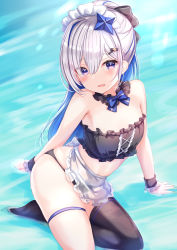 Rule 34 | 1girl, amane kanata, apron, arm support, bandeau, bare shoulders, bikini, black bikini, black collar, black thighhighs, blue bow, blue eyes, blue hair, blush, bow, collar, colored inner hair, commentary request, eyes visible through hair, frilled apron, frilled bikini, frills, hair between eyes, hair ornament, highres, hololive, long hair, looking at viewer, maid, maid bikini, maid headdress, midriff, multicolored hair, navel, no shoes, open mouth, pink hair, see-through, silver hair, single thighhigh, sitting, solo, star (symbol), star hair ornament, streaked hair, swimsuit, thigh strap, thighhighs, unconventional maid, virtual youtuber, waist apron, water, white apron, wrist cuffs, yuano