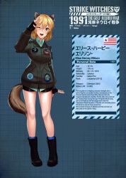 Rule 34 | 1girl, absurdres, animal ear fluff, animal ears, artist name, bike shorts, black gloves, blonde hair, blush, bomber jacket, breasts, character profile, collared shirt, dangodes, elise ellison, fingerless gloves, fox ears, fox tail, gloves, green eyes, grid background, hair between eyes, highres, jacket, looking at viewer, medium breasts, name tag, one eye closed, salute, shirt, short hair, smile, solo, strike witches 1991, tail, uniform