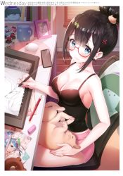 Rule 34 | 1girl, :3, absurdres, animal, animal on lap, ayamy, black hair, blue eyes, blush, breasts, camisole, cat, cat on lap, cellphone, chair, cleavage, closed mouth, coffee mug, cup, desk, drawing, drawing tablet, eraser, fang, figure, from side, glasses, hair bun, hair ornament, highres, holding, indoors, lips, looking at viewer, medium breasts, midriff peek, miyawaki sana, mouse (computer), mug, on lap, original, pencil, phone, photo (object), picture frame, red-framed eyewear, semi-rimless eyewear, shiny skin, short shorts, shorts, single hair bun, sitting, skin fang, smartphone, smile, solo, strap gap, stylus, table, thighs, under-rim eyewear