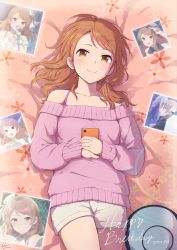 Rule 34 | 1girl, bed sheet, blush, bra strap, brown eyes, brown hair, character request, clock, closed mouth, collarbone, cowboy shot, dated, from above, happy birthday, highres, hojo karen, idolmaster, idolmaster cinderella girls, long hair, long sleeves, looking at viewer, lying, monza, off-shoulder sweater, off shoulder, on back, on bed, photo (object), pink sweater, short shorts, shorts, smile, solo, sweater, white shorts