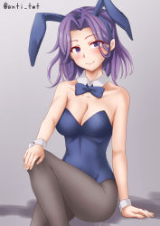 Rule 34 | 1girl, animal ears, anti (untea9), black pantyhose, blue leotard, blush, breasts, cleavage, closed mouth, detached collar, fake animal ears, feet out of frame, highres, kantai collection, leotard, medium breasts, pantyhose, playboy bunny, purple eyes, purple hair, rabbit ears, short hair, smile, solo, strapless, strapless leotard, tatsuta (kancolle), twitter username, wrist cuffs