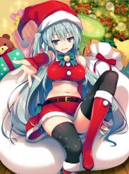 Rule 34 | 10s, 1girl, ange vierge, belt, black thighhighs, boots, bow, box, breasts, christmas tree, gift, gift box, hat, knee boots, large breasts, looking at viewer, midriff, navel, nya lapucea, open mouth, outstretched arm, print thighhighs, purple eyes, red footwear, ribbon, santa boots, santa costume, santa hat, sitting, skirt, smile, snowflake print, solo, sparkle, stuffed animal, stuffed toy, teddy bear, thighhighs, tomose shunsaku, zettai ryouiki
