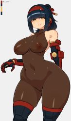 Rule 34 | 1girl, bare shoulders, blue hair, blunt bangs, bodysuit, breasts, brown bodysuit, cleft of venus, closed mouth, collarbone, covered navel, gauntlets, grey background, hair ribbon, hairband, haku hakujou daimaou, highres, impossible clothes, katana, large breasts, long hair, looking at viewer, nipples, original, ponytail, pussy, ribbon, see-through, shiny clothes, sidelocks, simple background, skin tight, sleeveless, smile, solo, sword, thick thighs, thighs, weapon, wide hips, yellow eyes