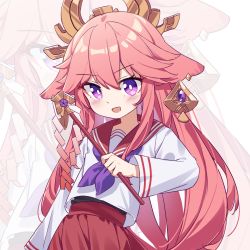 Rule 34 | 1girl, animal ears, blush, bright pupils, fox ears, genshin impact, gohei, highres, japanese clothes, long hair, looking at viewer, miko, open mouth, pink hair, priestess, purple eyes, school uniform, serafuku, shiroi ou, simple background, smile, solo, vision (genshin impact), white pupils, wide sleeves, yae miko, zoom layer