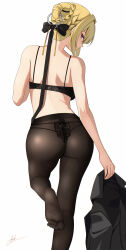 1girl absurdres aoikito_lavender086 ass bare_shoulders black_bow black_bra black_jacket black_panties black_pantyhose black_ribbon blonde_hair bow bra closed_mouth commentary evelyn_chevalier feet from_behind hair_bow highres holding holding_jacket holding_unworn_clothes jacket long_ribbon looking_at_viewer no_shoes panties panties_under_pantyhose pantyhose profile purple_eyes ribbon ring_hair_ornament short_hair sidelocks signature simple_background soles solo toes underwear white_background zenless_zone_zero