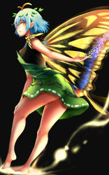 Rule 34 | 1girl, antennae, aqua hair, bare legs, barefoot, black background, butterfly wings, dress, eternity larva, fairy, full body, green dress, hair between eyes, highres, insect wings, leaf, leaf on head, multicolored clothes, multicolored dress, nagomian, open mouth, short hair, simple background, single strap, solo, touhou, wings, yellow eyes