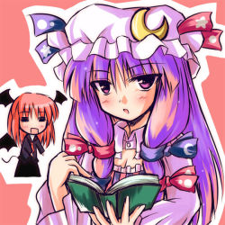 Rule 34 | 2girls, bat wings, blue ribbon, blush, book, bow, crescent, crescent hair ornament, embodiment of scarlet devil, female focus, hair ornament, hat, head wings, koakuma, long hair, looking at viewer, mob cap, multiple girls, open book, patchouli knowledge, pink bow, purple eyes, purple hair, reading, red hair, red ribbon, ribbon, simple background, striped, tokiniwa, touhou, vertical stripes, wings