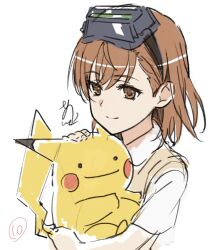 Rule 34 | 1girl, 1other, asshuku, brown eyes, brown hair, brown sweater vest, collared shirt, creatures (company), crossover, ditto, empty eyes, game freak, gen 1 pokemon, goggles, goggles on head, half-closed eyes, head-mounted display, highres, holding, holding pokemon, hug, light smile, looking at another, misaka imouto, nintendo, parted bangs, pikachu, pokemon, pokemon (creature), portrait, power connection, school uniform, shirt, short hair, short sleeves, signature, sketch, summer uniform, sweater vest, toaru majutsu no index, tokiwadai school uniform, transformed ditto, white shirt