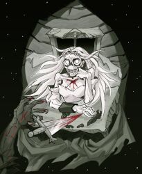 Rule 34 | 1girl, bare shoulders, blood, bloody knife, breasts, chain, chain around arm, chained, cleavage, combat knife, crown, dagger, dress, elbow rest, emaciated, floating hair, ghost, ghost girl, greyscale, hand on own cheek, hand on own face, head rest, highres, injury, knife, long hair, looking at viewer, medium breasts, monochrome, princess, princess (slay the princess), skinny, slay the princess, smile, sunken cheeks, talons, the hero (slay the princess), the spectre (slay the princess), weapon