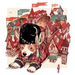 Rule 34 | 1girl, absurdres, aiguillette, animal, animal focus, animal print, bearskin cap, black hat, border, brown eyes, building, city, cityscape, clothed animal, dog, dog print, flag, hat, highres, jacket, original, outside border, oversized animal, paw print, plaid, plaid jacket, red jacket, scenery, simple bird, size difference, tassel, tile roof, tonbippo08, tongue, tongue out, twitter username, welsh corgi, white border