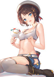 Rule 34 | 1girl, bare arms, bare shoulders, belt, beret, black footwear, black hair, blue eyes, blue shorts, boots, breasts, frown, grey hat, grey thighhighs, hat, highres, hip vent, hololive, looking at viewer, medium breasts, midriff, navel, oozora subaru, oozora subaru (work), open mouth, over-kneehighs, short hair, short shorts, shorts, simple background, sitting, solo, sports bra, stomach, subaru duck, thighhighs, thighs, virtual youtuber, wariza, white background, yougenko