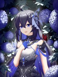 Rule 34 | 1girl, :d, absurdres, alternate color, alternate eye color, alternate hair color, antenna hair, bare shoulders, blue eyes, blue flower, blue gloves, blue hair, breasts, broseele, bug, butterfly, flower, gloves, hair between eyes, hair ornament, highres, honkai (series), honkai impact 3rd, hydrangea, insect, long hair, looking at viewer, open mouth, red butterfly, seele (alter ego), seele vollerei, seele vollerei (starchasm nyx), smile, solo