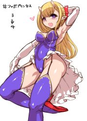 Rule 34 | 1girl, arm behind head, arm up, armpits, bare shoulders, blonde hair, blush, bow, demon girl, elbow gloves, garter straps, gloves, hair bow, harigane shinshi, highres, horns, leotard, long hair, original, pointy ears, purple eyes, simple background, sketch, solo, thighhighs, white background