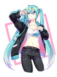 Rule 34 | 1girl, absurdres, black cardigan, black pants, blue eyes, blue hair, bra, breasts, cardigan, cleavage, collarbone, cropped legs, esy, floating hair, hair between eyes, hatsune miku, highres, long hair, long sleeves, looking at viewer, medium breasts, midriff, navel, open cardigan, open clothes, pants, solo, sports bra, standing, stomach, twintails, underwear, very long hair, vocaloid, white background, white bra