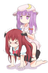 Rule 34 | &gt; &lt;, 2girls, all fours, barefoot, bat wings, chibi, crescent, crescent hair ornament, deformed, demon wings, empty eyes, closed eyes, flying sweatdrops, hair ornament, hat, head wings, highres, koakuma, long hair, mickeysmith, multiple girls, no mouth, no nose, patchouli knowledge, purple eyes, purple hair, red hair, sitting, sitting on person, solid circle eyes, sweatdrop, touhou, trembling, wings