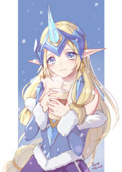 Rule 34 | 1girl, alternate costume, alternate eye color, alternate skin color, amiemie, artist name, blue dress, blue eyes, blue sky, blush, collarbone, cup, dated, day, detached sleeves, dress, drinking straw, earrings, fur trim, highres, holding, holding cup, horns, jewelry, league of legends, long hair, outdoors, pointy ears, single horn, sky, snowing, soraka (league of legends), very long hair, winter wonder soraka